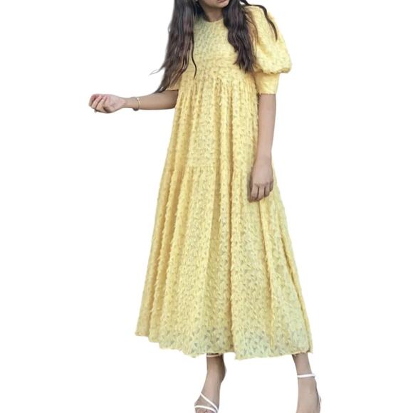 Zara Voluminous Yellow Textured Weave Puff Sleeve Midi Dress Size XS 2339/301 - Picture 5 of 15